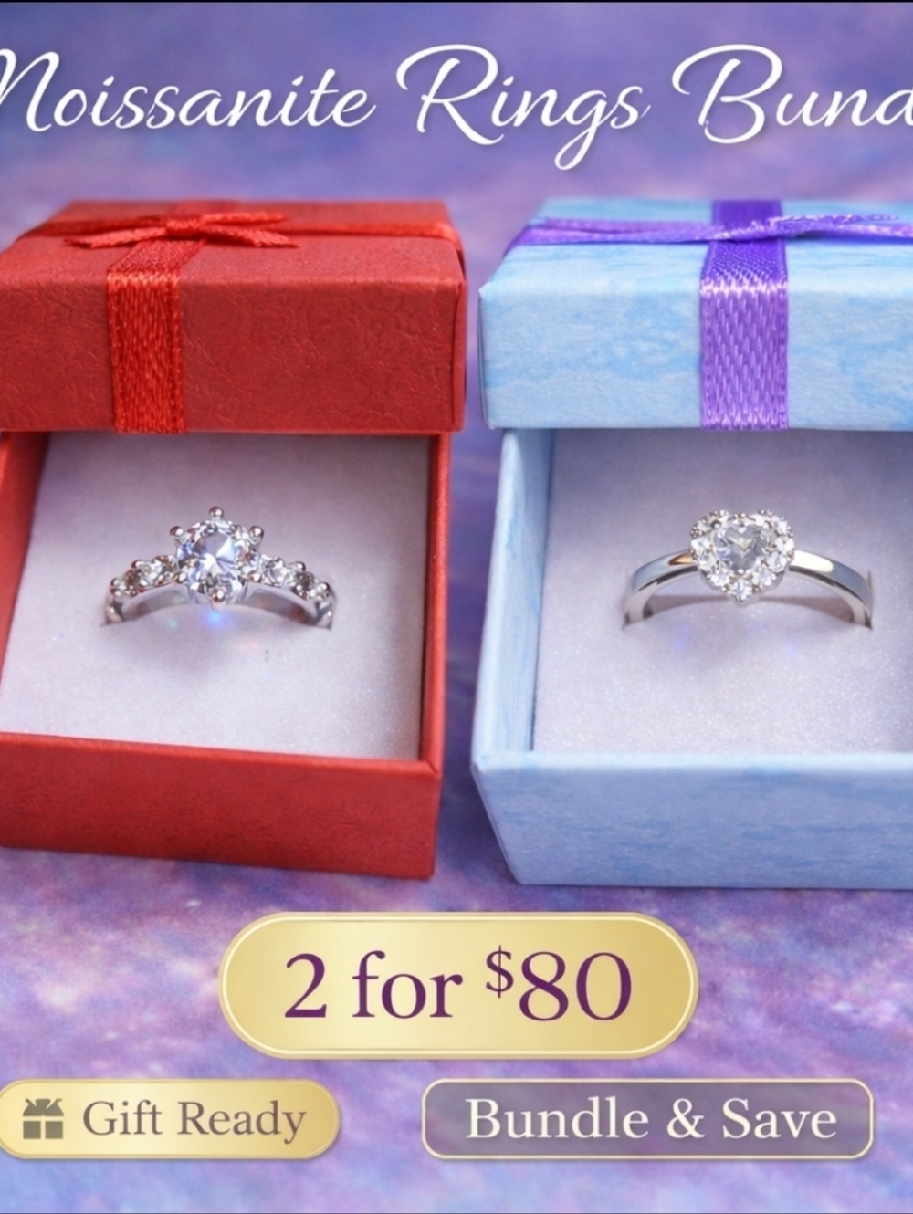 Moissanite Heart & Halo Ring Set - Silver Tone (2 for $80)